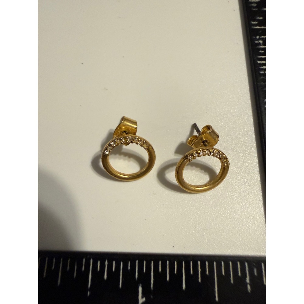 Gold Tone Crystal‎ Pave Open Circle Stud Earrings Minimalist Geometric Jewelry